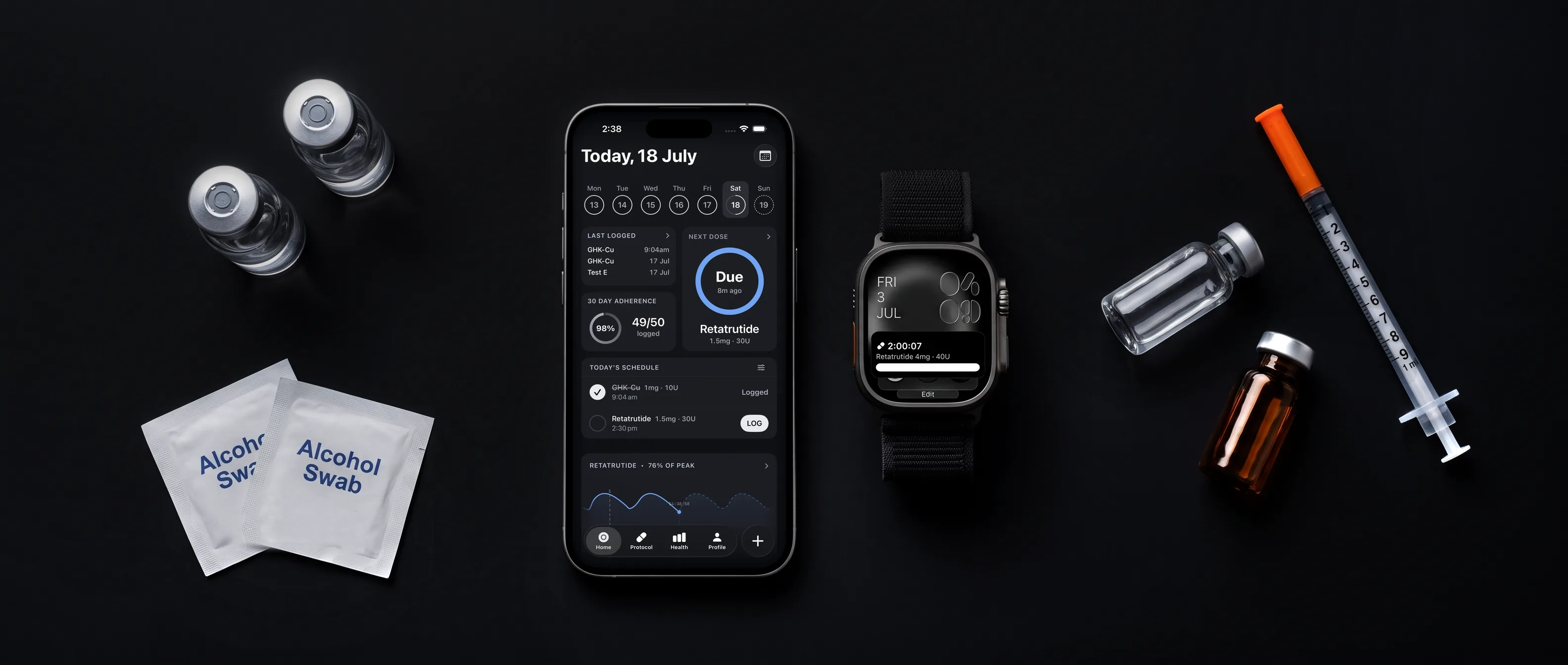 Milligram on iPhone and Apple Watch Ultra, laid flat beside peptide vials, a syringe and alcohol swabs