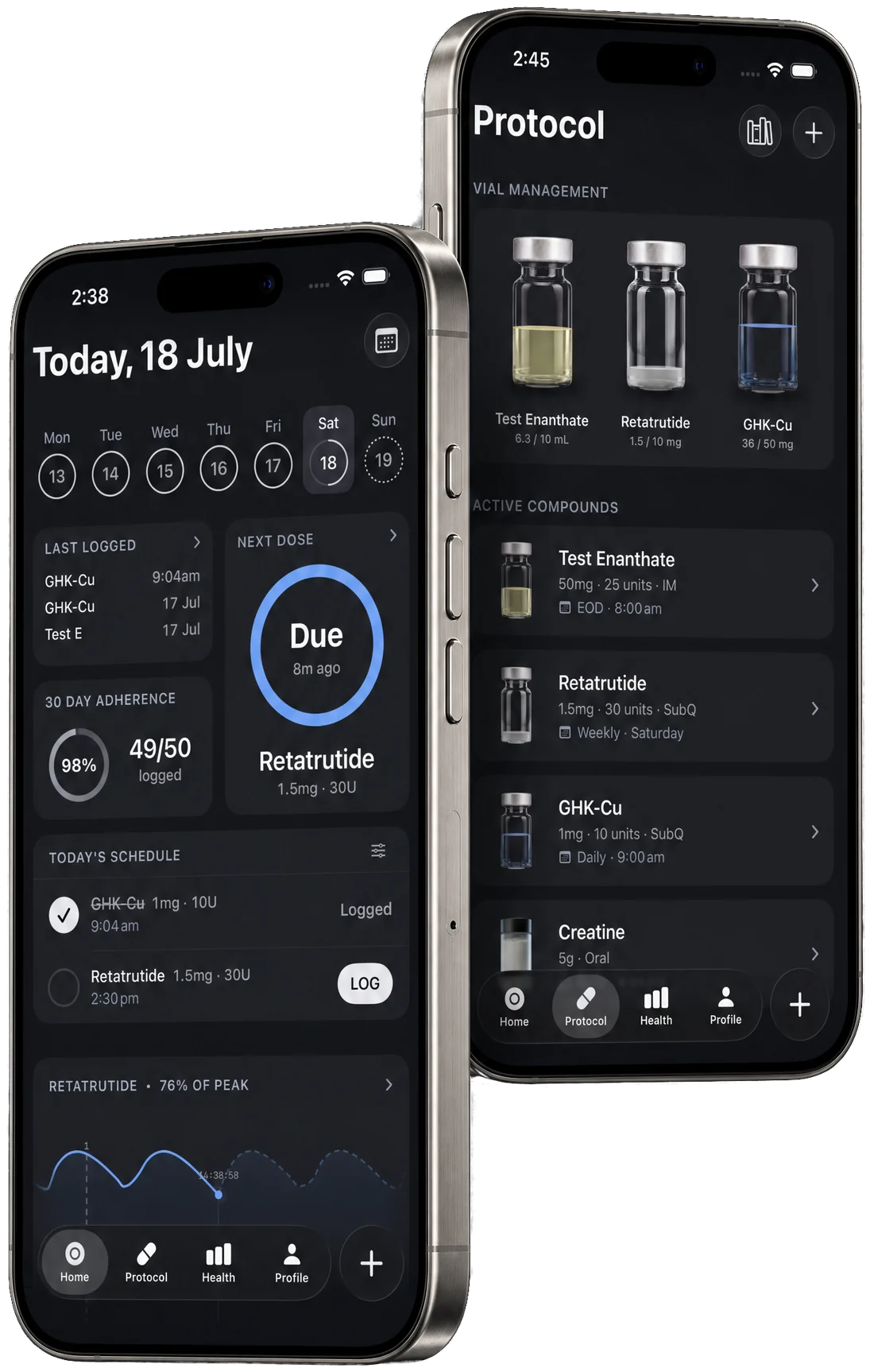Milligram on iPhone: the Today view showing the day's schedule and next dose, beside the Protocol view showing vial management and active compounds